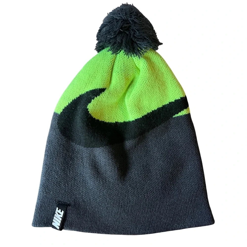 Nike‎ Youth Pom Beanie Hat Neon Green Gray Swoosh Logo Winter Warm